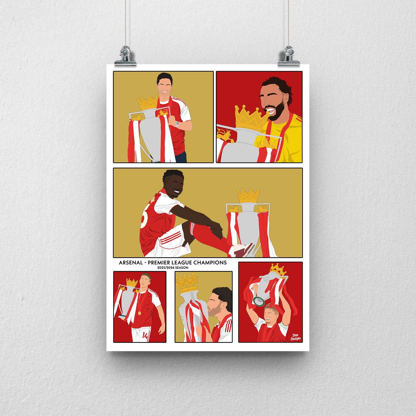Arsenal Premier League Champions 2025/26 artwork featuring Mikel Arteta and players celebrating with the Premier League trophy.