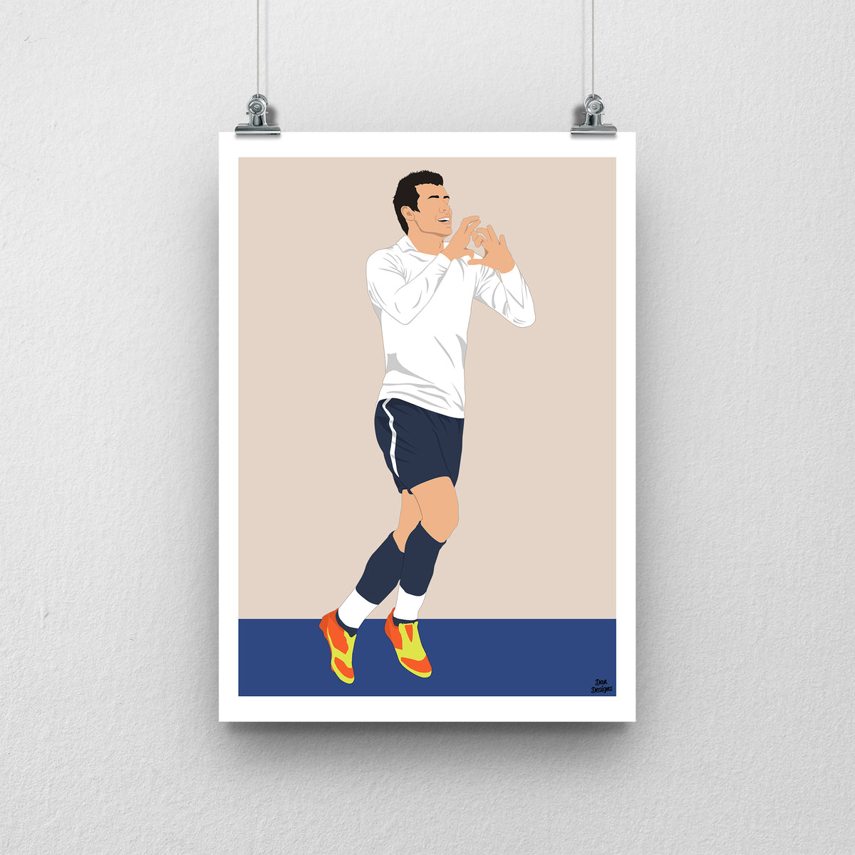 Gareth Bale Tottenham art print, making a heart with his hands in a white Tottenham shirt and navy shorts, with a beige background, white border and club-colour base.