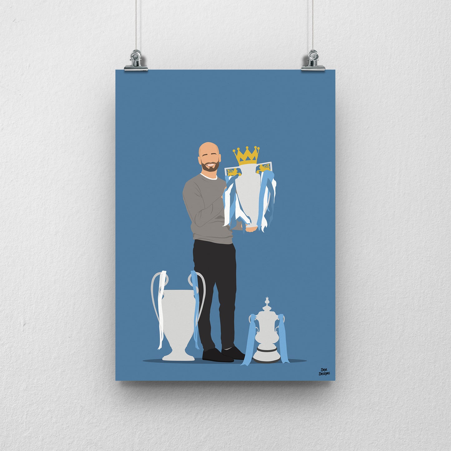 Pep Guardiola treble trophy Print