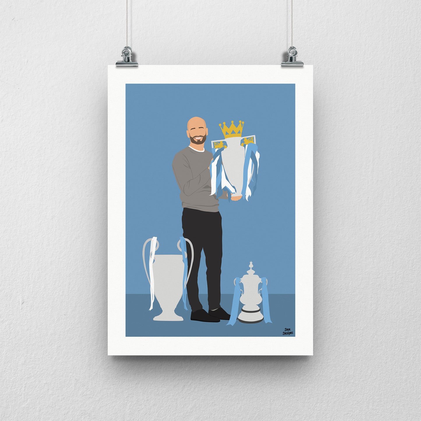 Pep Guardiola treble trophy Print