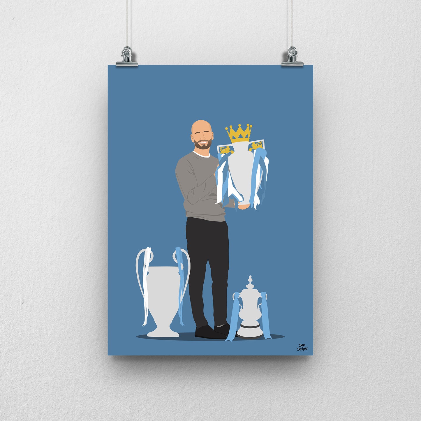 Pep Guardiola treble trophy Print