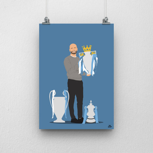 Pep Guardiola treble trophy Print
