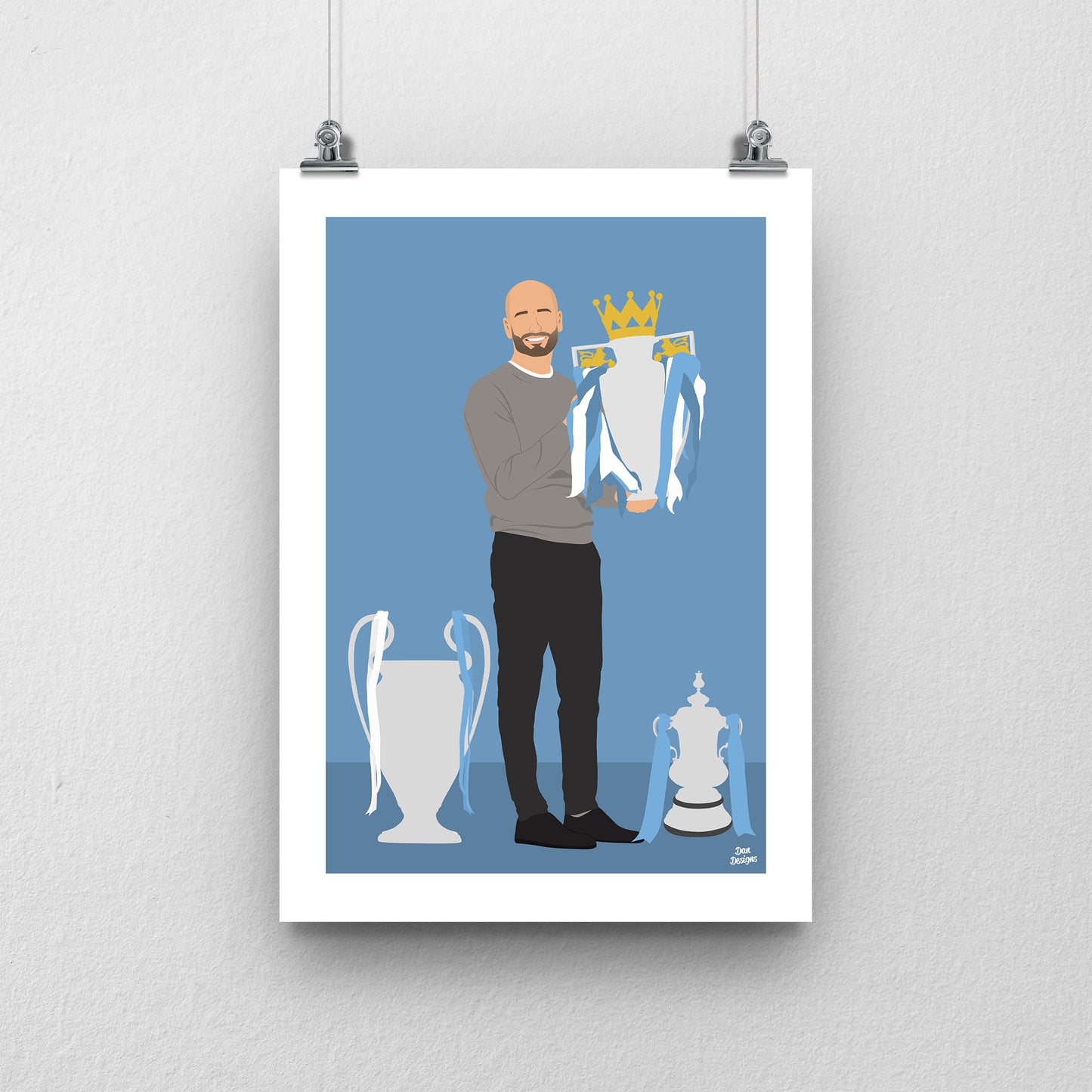 Pep Guardiola treble trophy Print