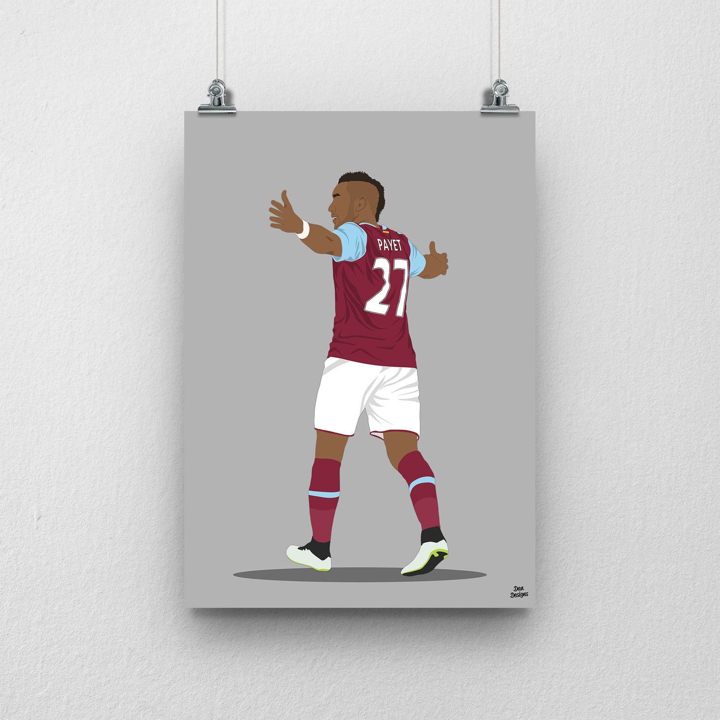Dimitri Payet West Ham United art print, with both arms spread, viewed from behind in his claret-and-blue number 27 shirt, with a grey background.