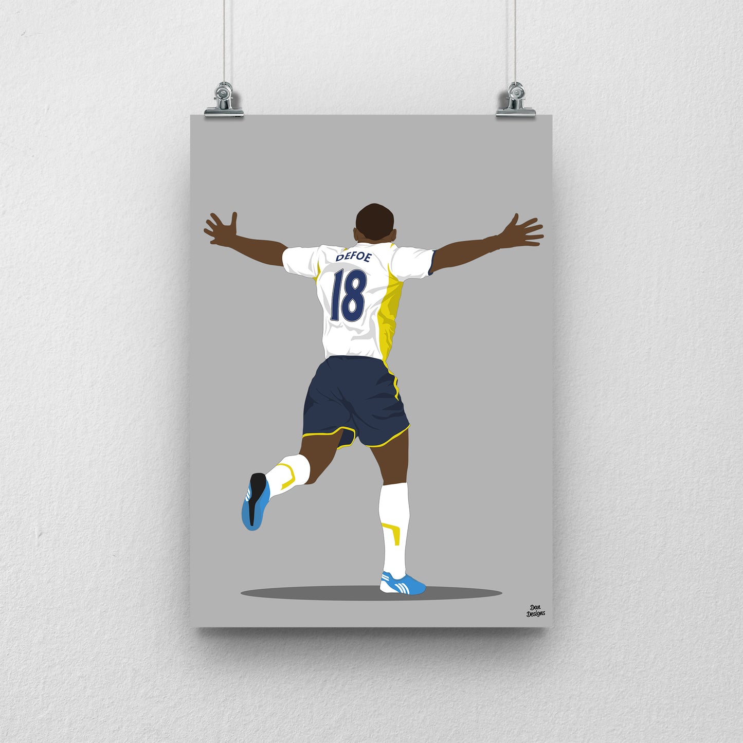 Jermain Defoe Tottenham art print, running with both arms spread, viewed from behind in his Tottenham number 18 shirt, with a grey background.