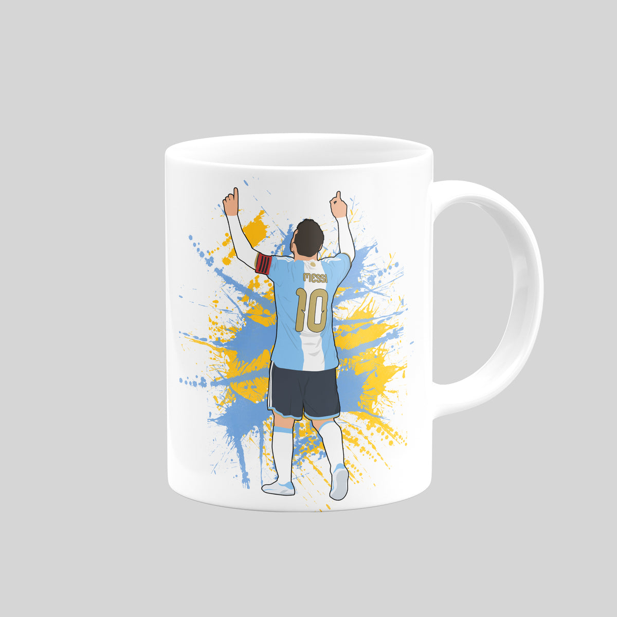 Reverse of the Lionel Messi special edition mug showing his final Argentina game celebration, with both hands pointing skywards.