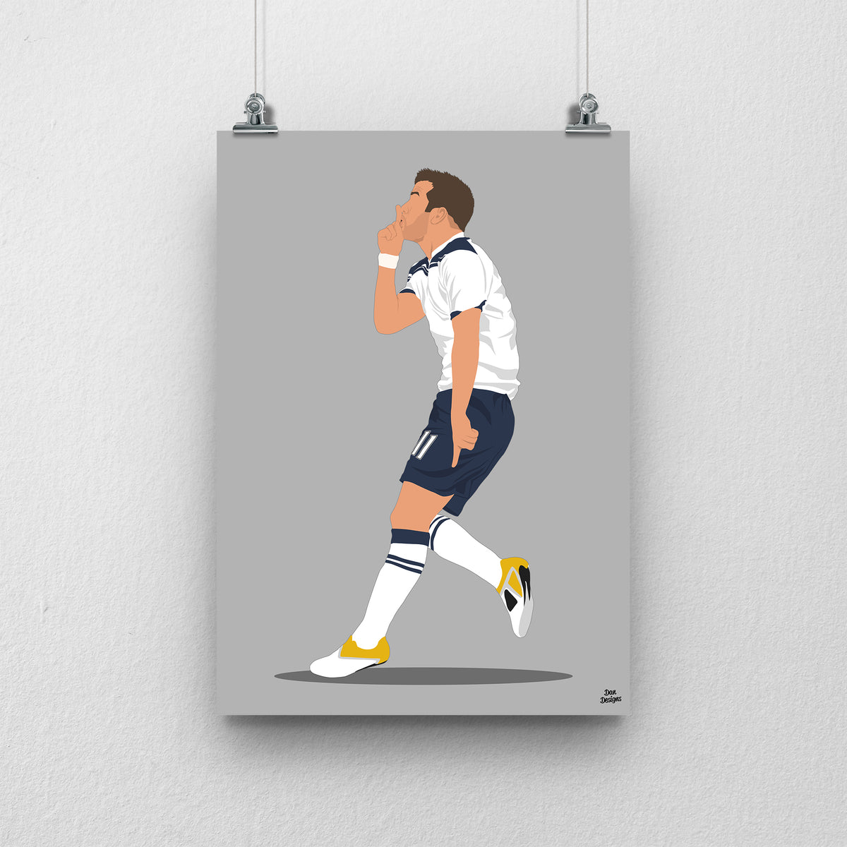 Rafael van der Vaart Tottenham art print, walking with a hand raised towards his mouth in a white Tottenham shirt and navy shorts, with a grey background.
