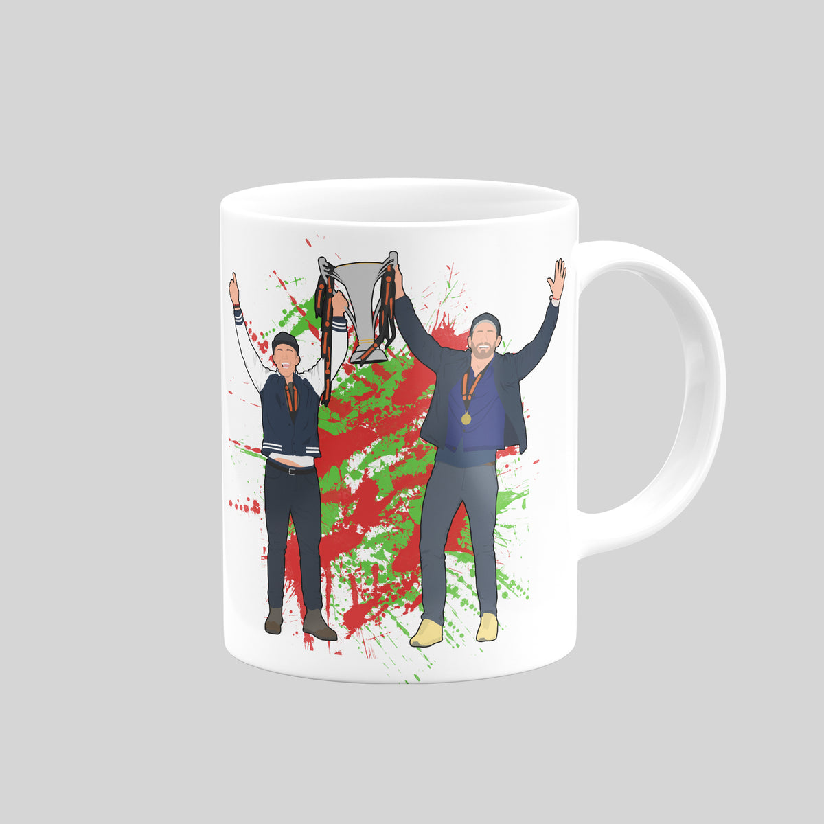 Rob McElhenney and Ryan Reynolds Wrexham mug – reverse view of trophy celebration artwork
