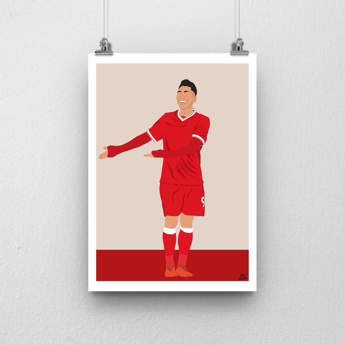 Roberto Firmino Liverpool print, smiling during a goal celebration in the red Liverpool kit, with a beige and red design and white border.