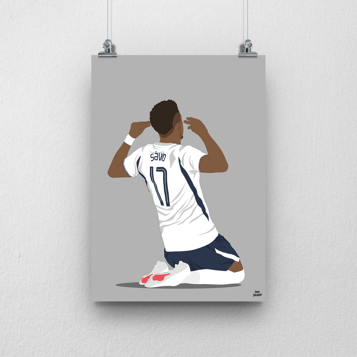 Sávio Tottenham art print, sliding on his knees with hands raised beside his head, viewed from behind with Sávio and number 17 on his shirt, with a grey background.