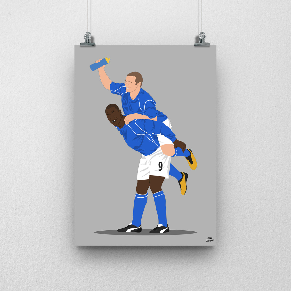 Wayne Rooney and Kevin Campbell Everton print, with Wayne Rooney riding on Kevin Campbell’s back in blue Everton shirts, on a grey background.