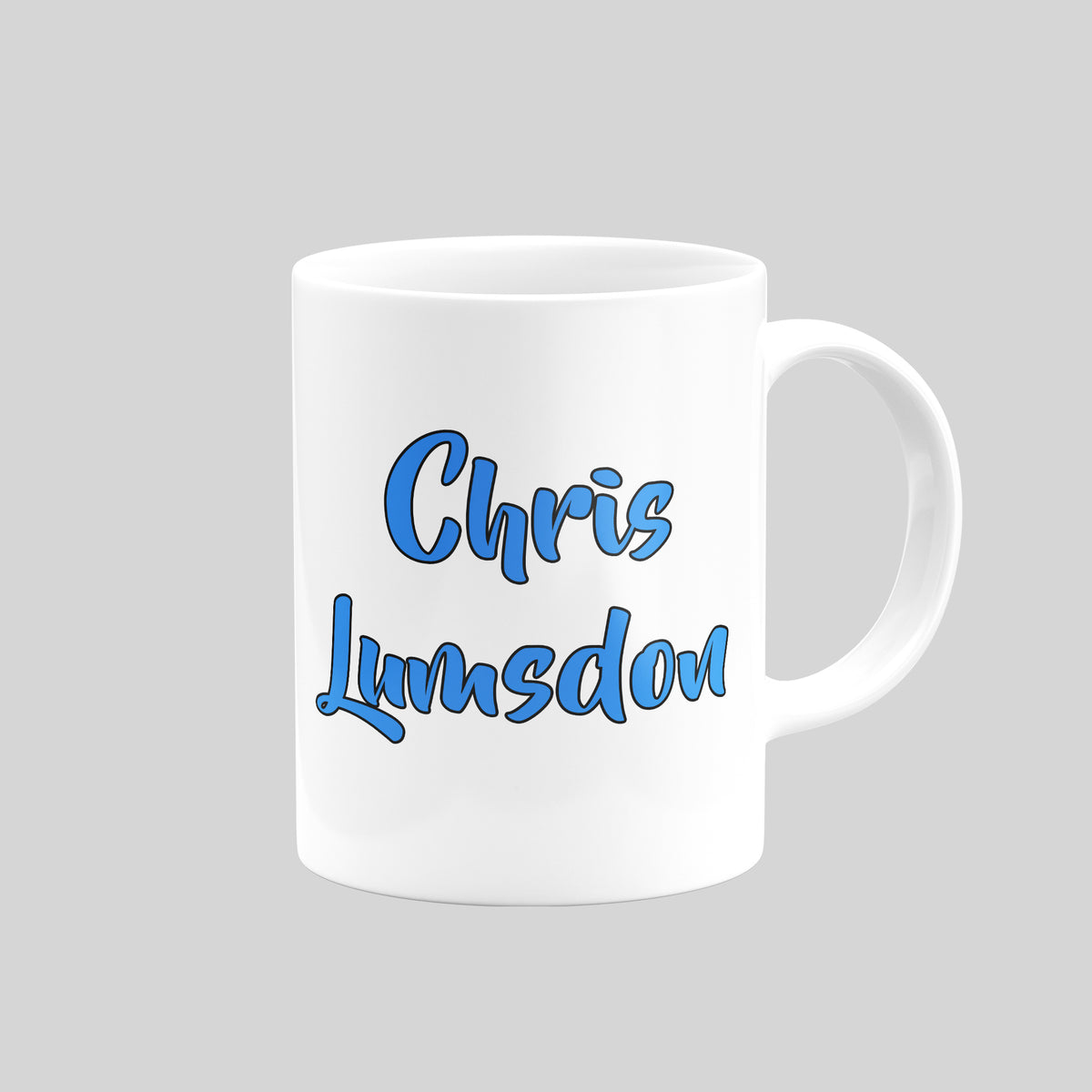 Chris Lumsdon name design on the reverse of a Carlisle United mug