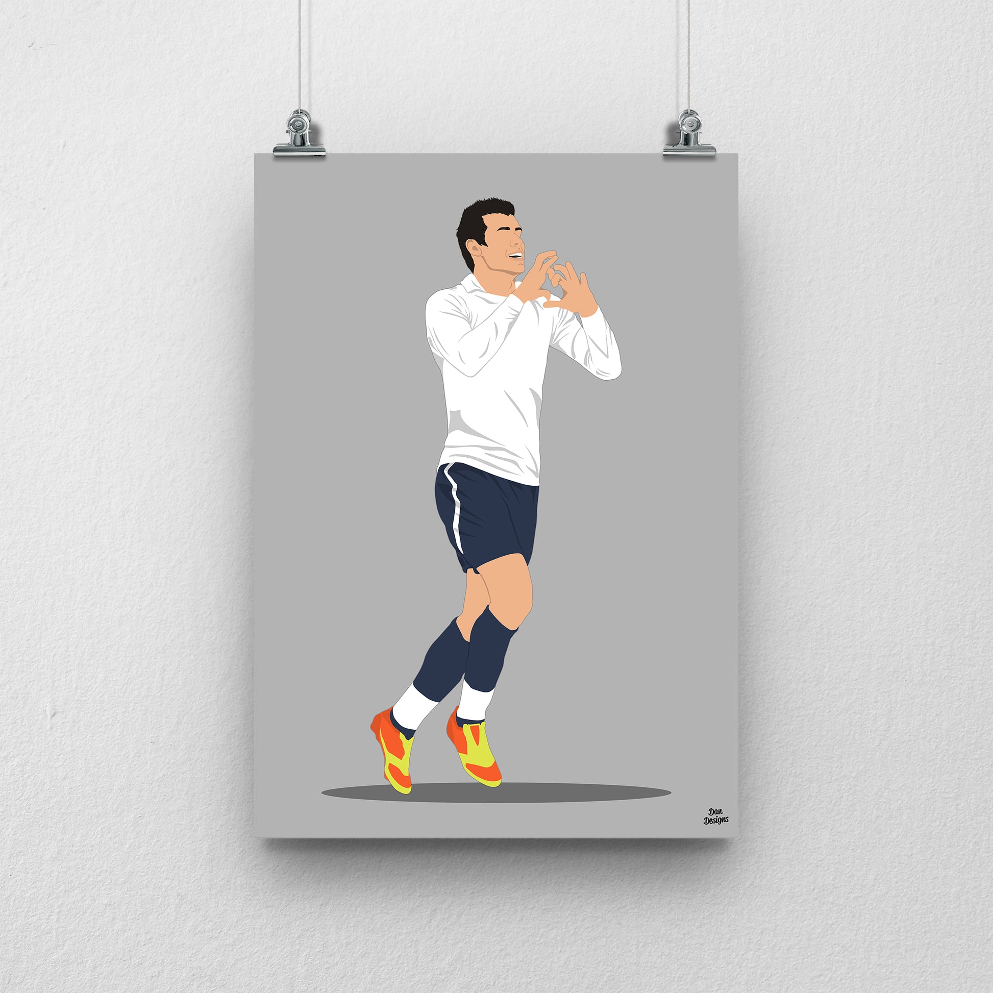 Gareth Bale Tottenham art print, making a heart with his hands in a white Tottenham shirt and navy shorts, with a grey background.