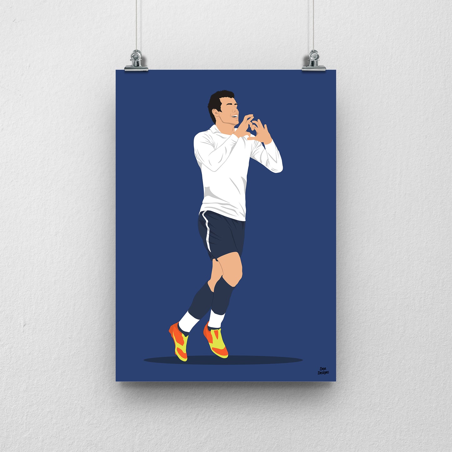 Gareth Bale Tottenham art print, making a heart with his hands in a white Tottenham shirt and navy shorts, with a navy blue background.