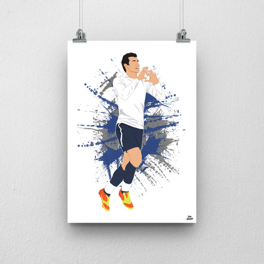 Gareth Bale Tottenham art print, making a heart with his hands in a white Tottenham shirt and navy shorts, with a paint-splatter background.