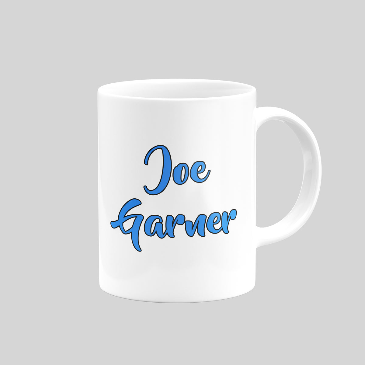 Joe Garner name design on the reverse of a Carlisle United mug