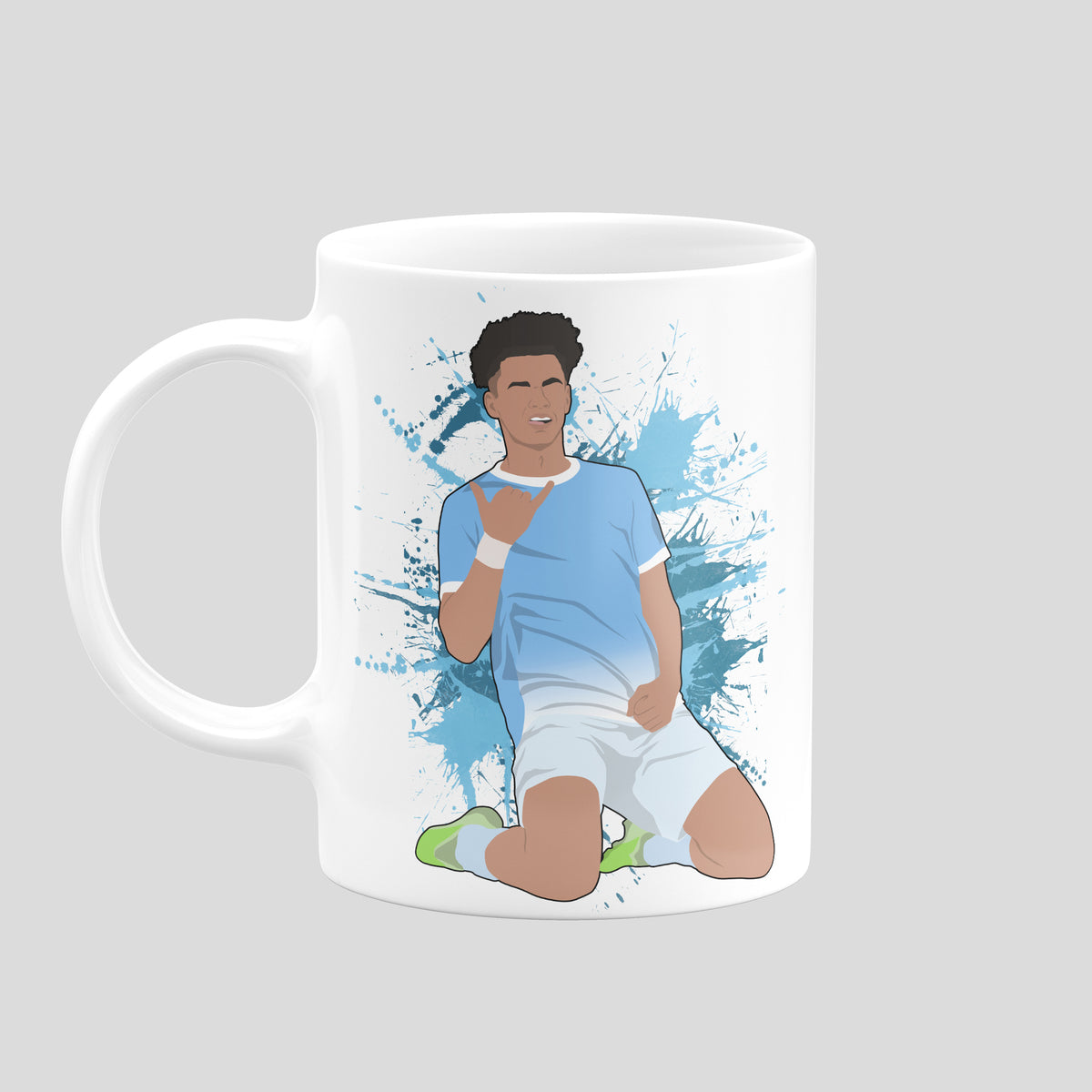 Nico O’Reilly Manchester City knee-slide celebration artwork on a white ceramic mug