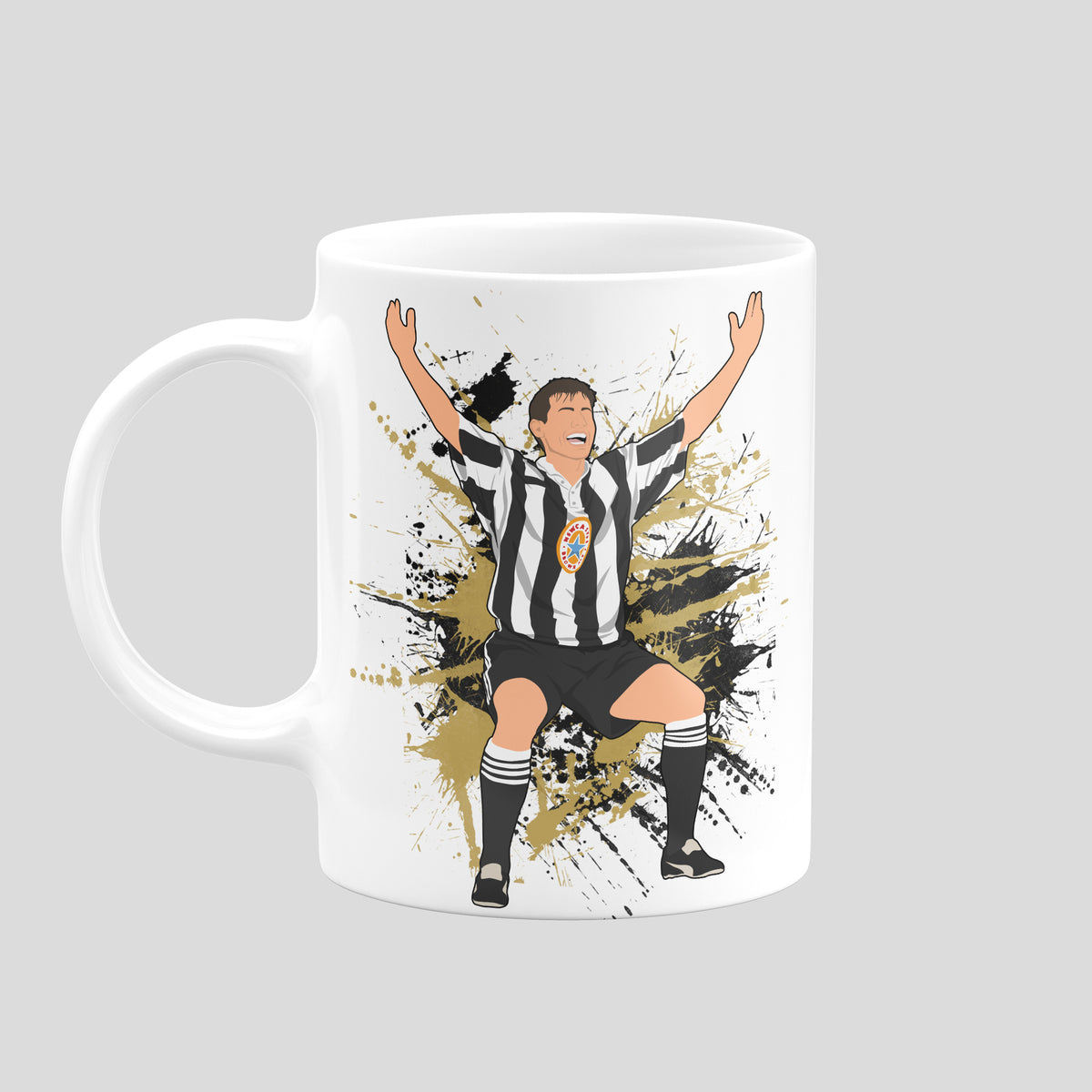 Rob Lee Newcastle United celebration artwork on a white ceramic mug