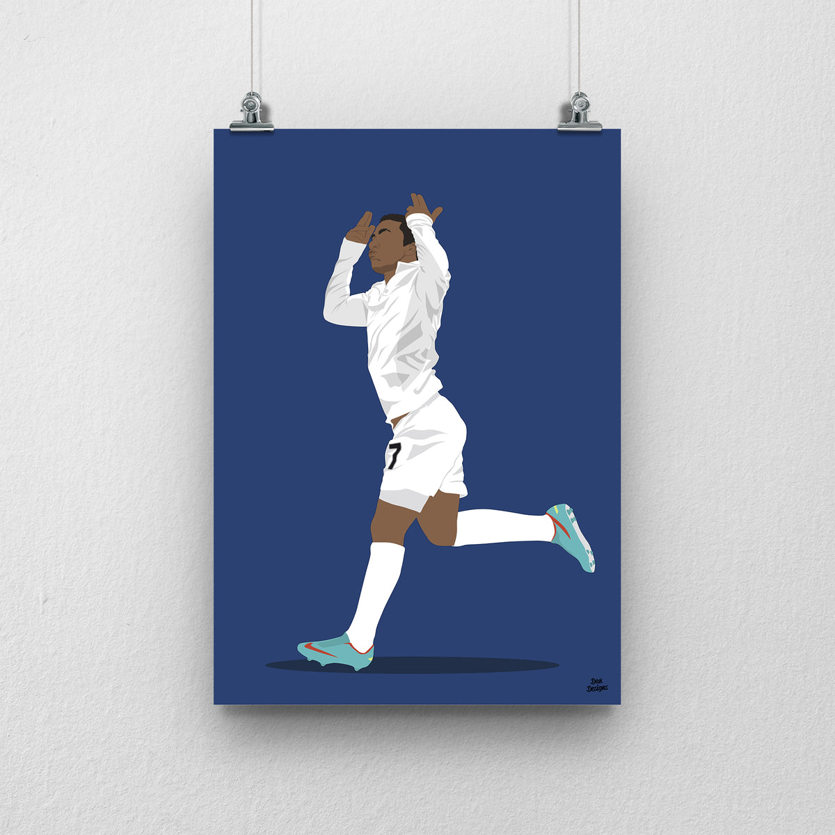 Aaron Lennon Tottenham art print, running with his hands raised near his head in a white Tottenham kit, with a navy blue background.