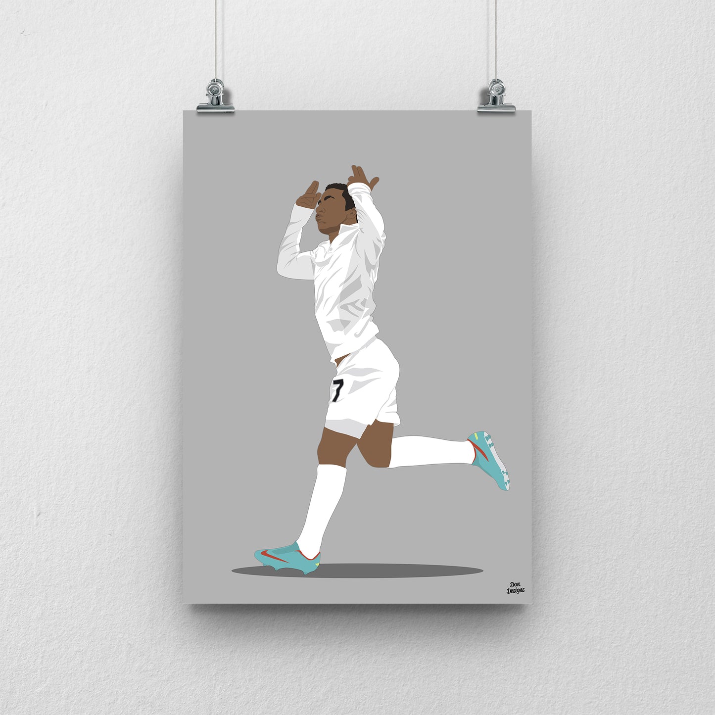 Aaron Lennon Tottenham art print, running with his hands raised near his head in a white Tottenham kit, with a grey background.
