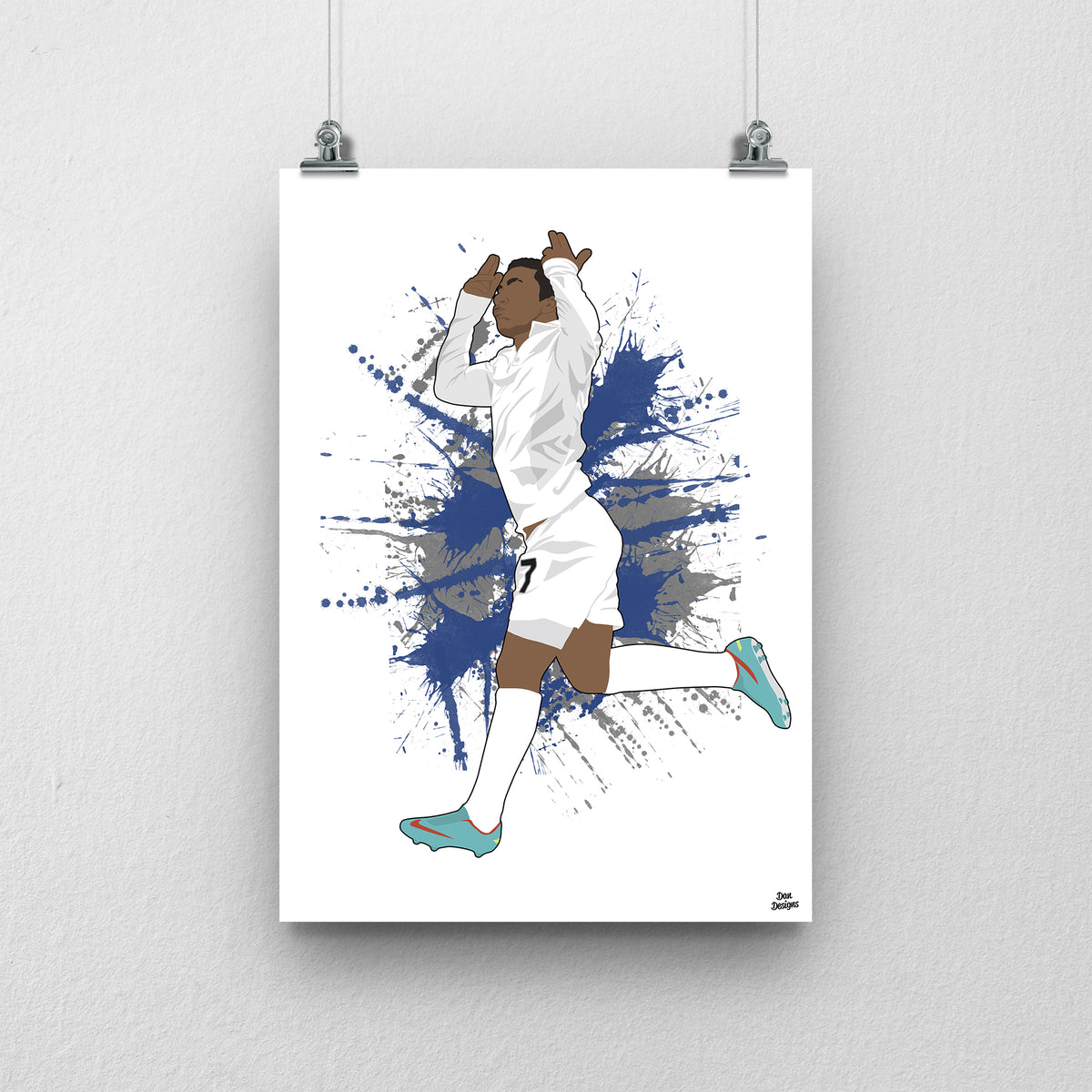 Aaron Lennon Tottenham art print, running with his hands raised near his head in a white Tottenham kit, with a paint-splatter background.