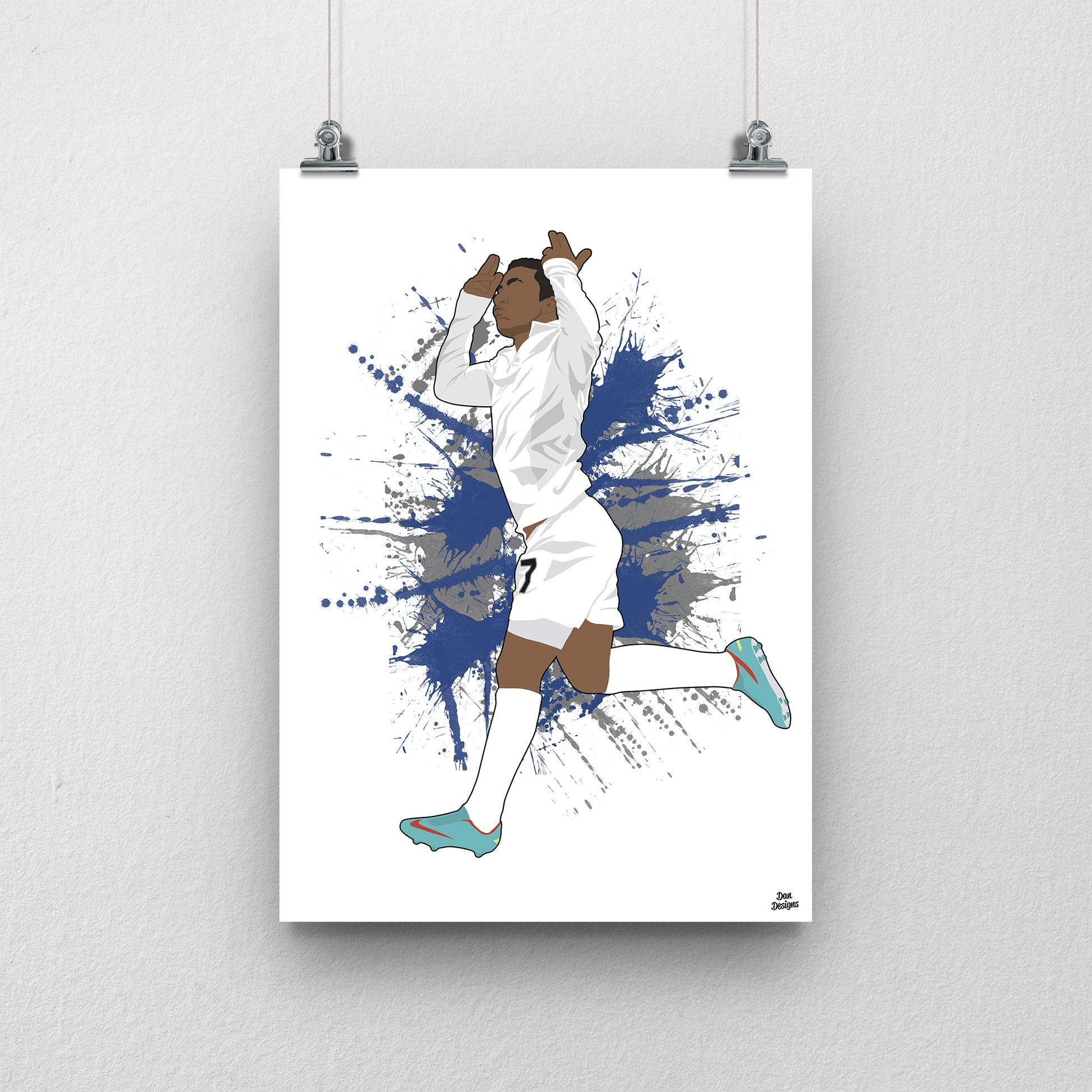 Aaron Lennon Tottenham art print, running with his hands raised near his head in a white Tottenham kit, with a paint-splatter background.