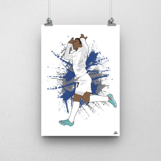 Aaron Lennon Tottenham art print, running with his hands raised near his head in a white Tottenham kit, with a paint-splatter background.