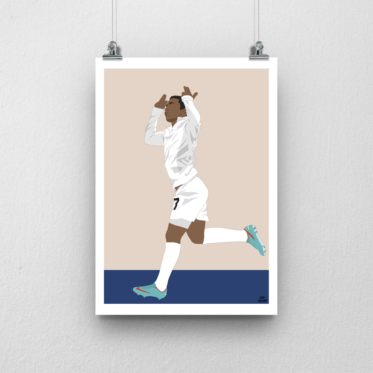 Aaron Lennon Tottenham art print, running with his hands raised near his head in a white Tottenham kit, with a beige background, white border and club-colour base.