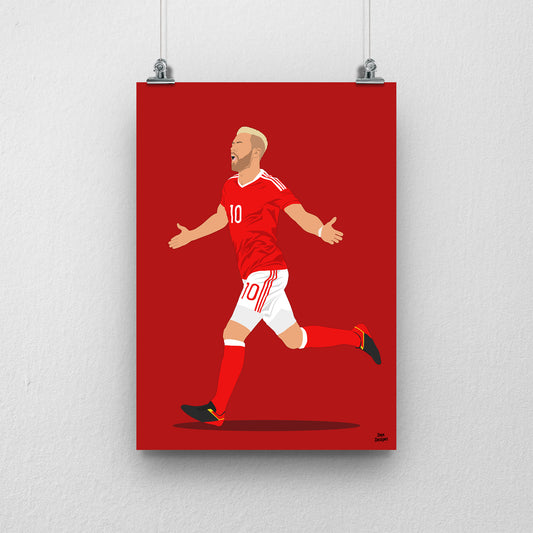 Aaron Ramsey Wales print, running with his arms out in celebration, on a red background.