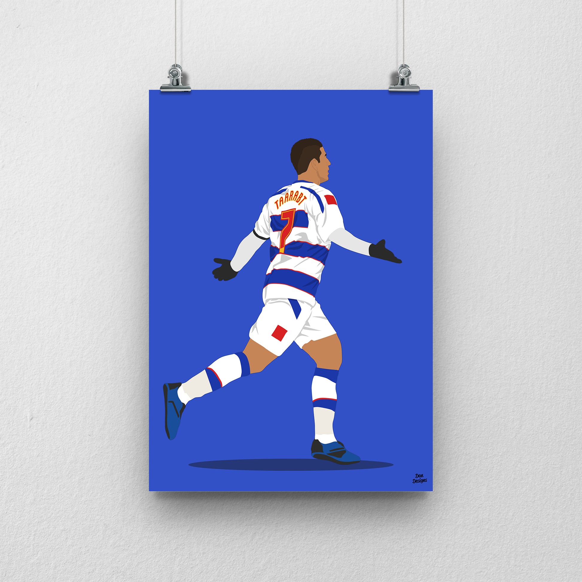 Adel Taarabt QPR art print showing his arms-out celebration in the blue-and-white number 7 kit, with a blue background.