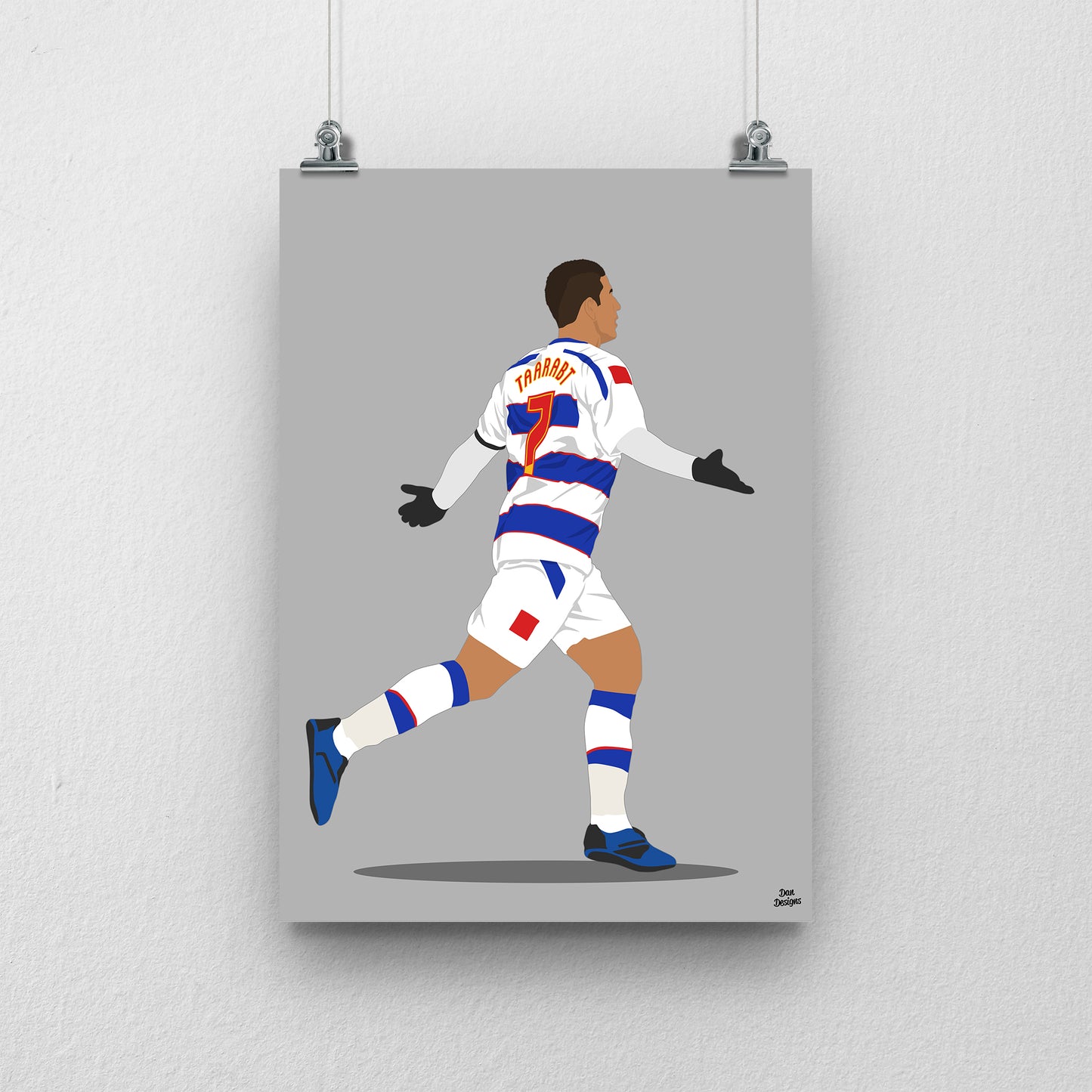 Adel Taarabt QPR art print showing his arms-out celebration in the blue-and-white number 7 kit, with a grey background.