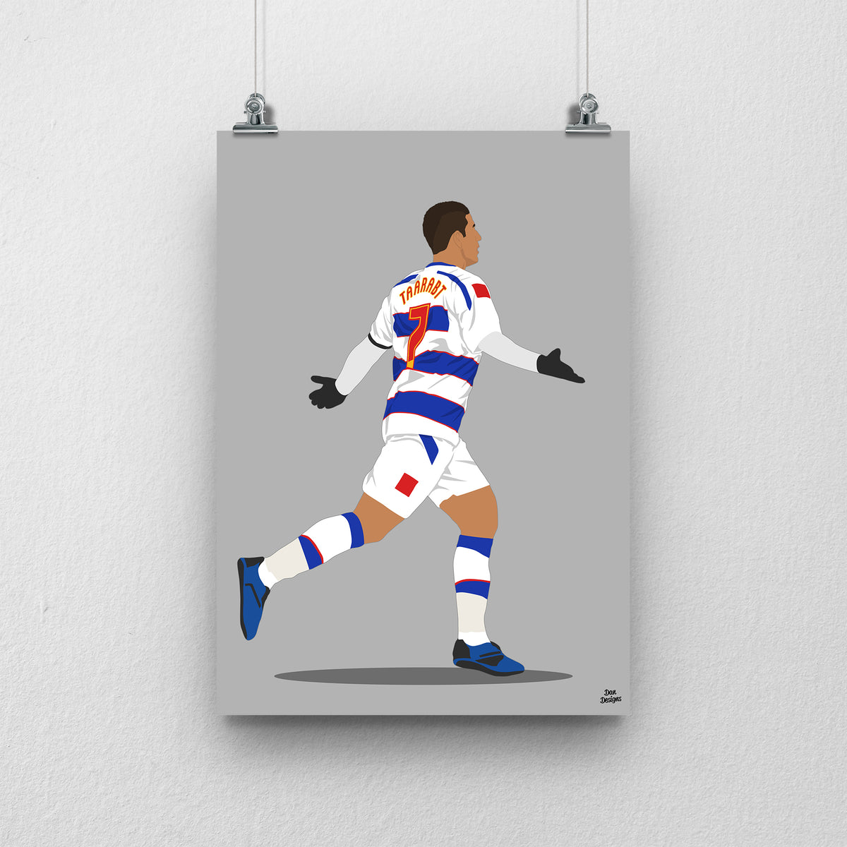 Adel Taarabt QPR art print showing his arms-out celebration in the blue-and-white number 7 kit, with a grey background.