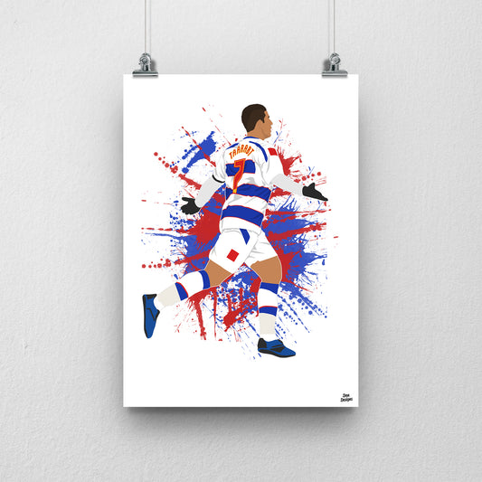 Adel Taarabt QPR art print showing his arms-out celebration in the blue-and-white number 7 kit, with a red-and-blue paint-splatter background.