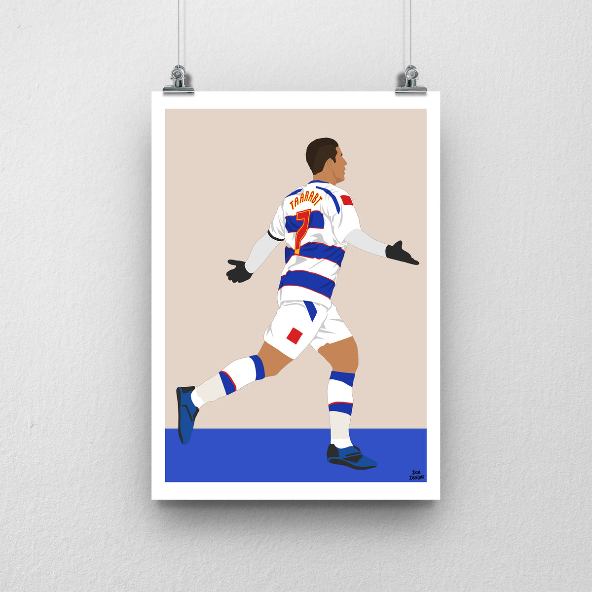 Adel Taarabt QPR art print showing his arms-out celebration in the blue-and-white number 7 kit, with a beige background, white border and blue base.