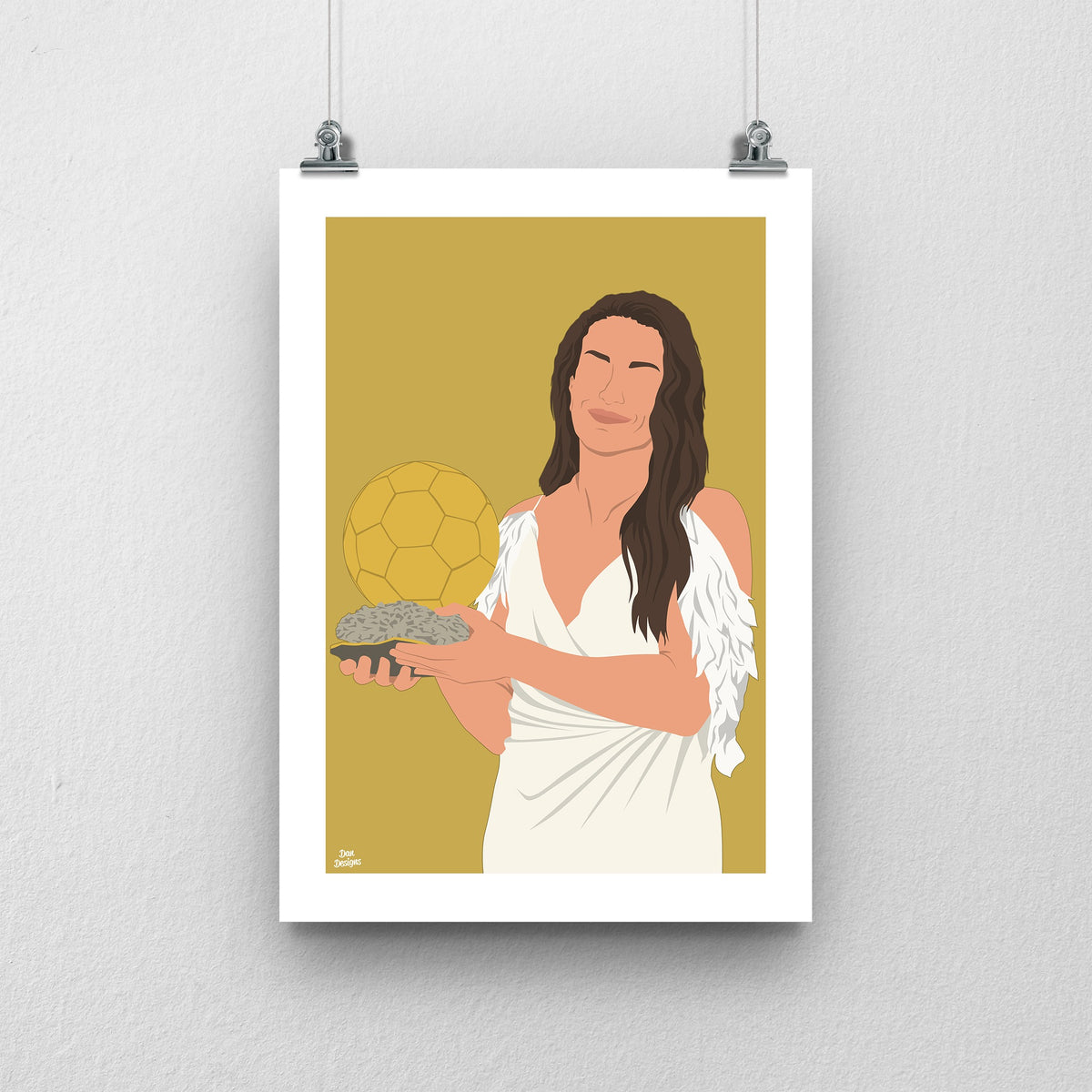 Alexia Putellas holding the Ballon d’Or trophy in a white dress, illustrated on a gold background with a white border.