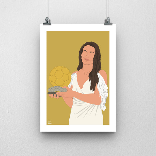 Alexia Putellas holding the Ballon d’Or trophy in a white dress, illustrated on a gold background with a white border.