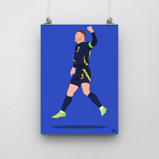 Andy Robertson raising a fist in Scotland’s navy kit, with a captain’s armband and bright green boots, illustrated with a blue background.