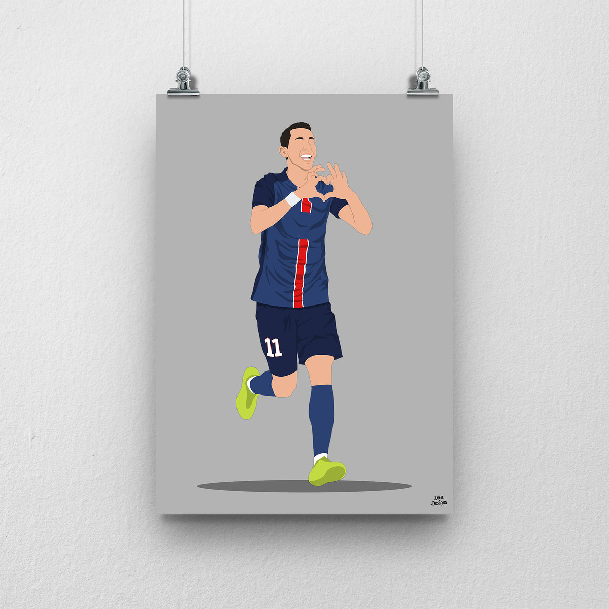 Ángel Di María art print, running in PSG's navy kit and making a heart shape with his hands, against a grey background.
