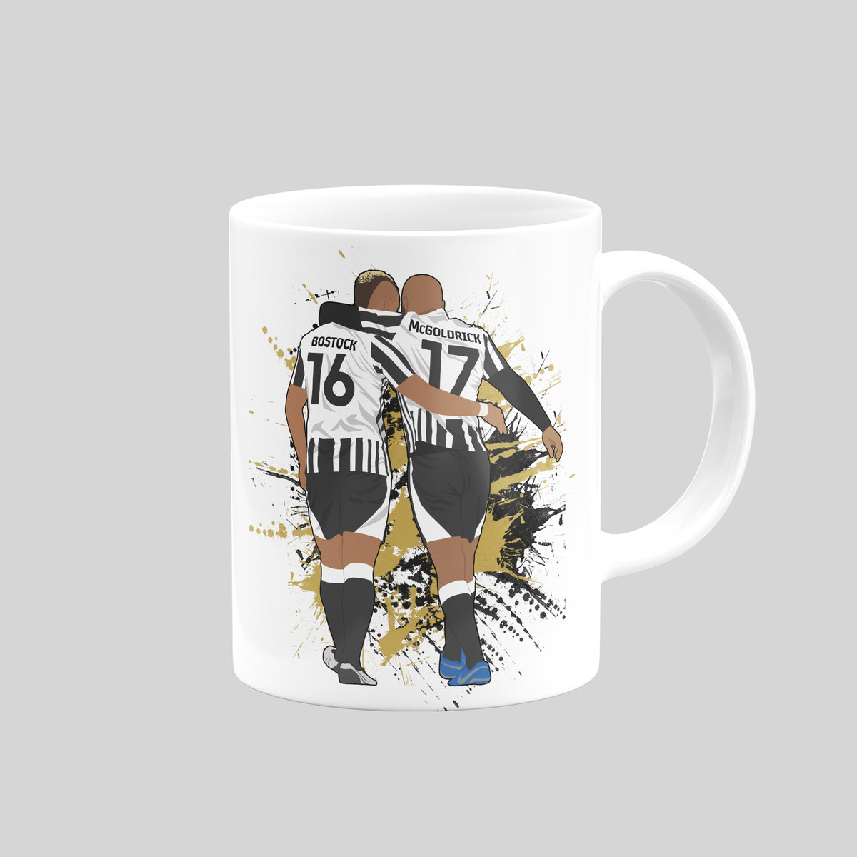 Reverse of John Bostock & David McGoldrick Notts County mug showing the player artwork