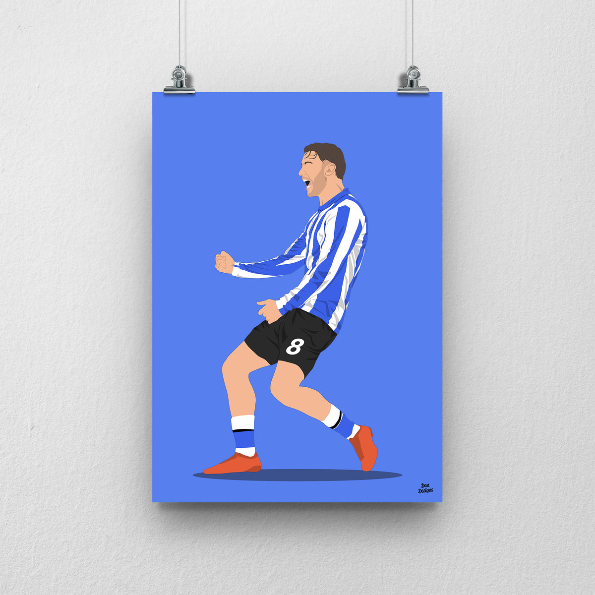 Callum Slattery art print, celebrating with clenched fists in Sheffield Wednesday's blue-and-white striped shirt and black shorts, against a blue background.