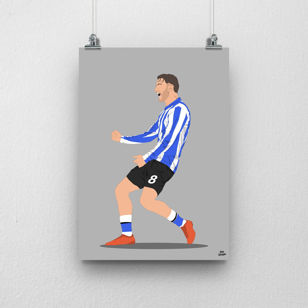 Callum Slattery art print, celebrating with clenched fists in Sheffield Wednesday's blue-and-white striped shirt and black shorts, against a grey background.