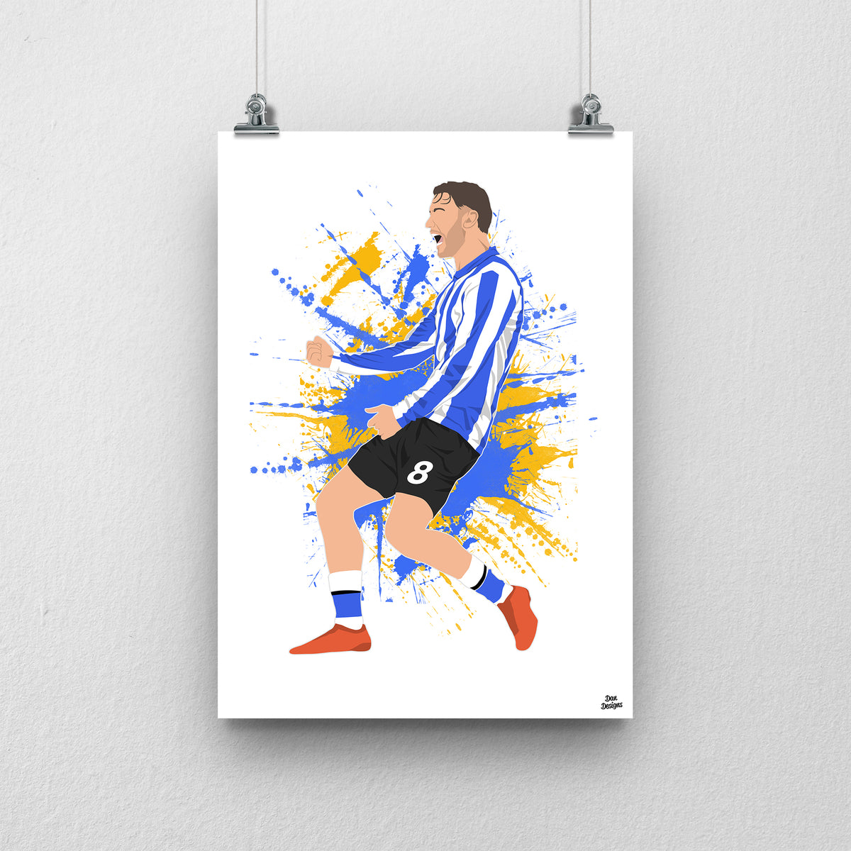 Callum Slattery art print, celebrating with clenched fists in Sheffield Wednesday's blue-and-white striped shirt and black shorts, against a blue-and-yellow paint-splatter background.