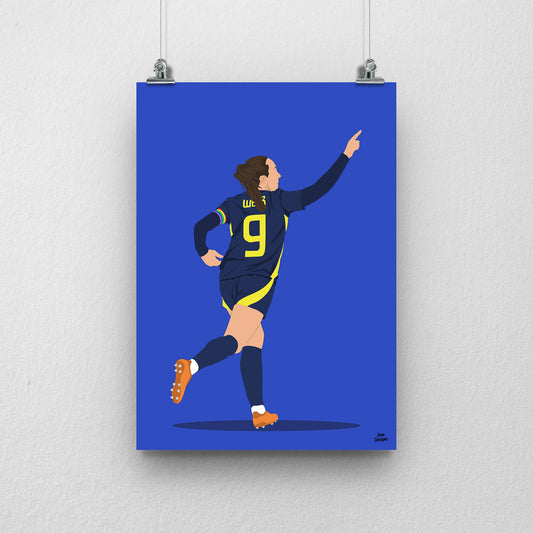 Caroline Weir pointing upwards in Scotland’s navy number 9 kit, illustrated with a blue background.