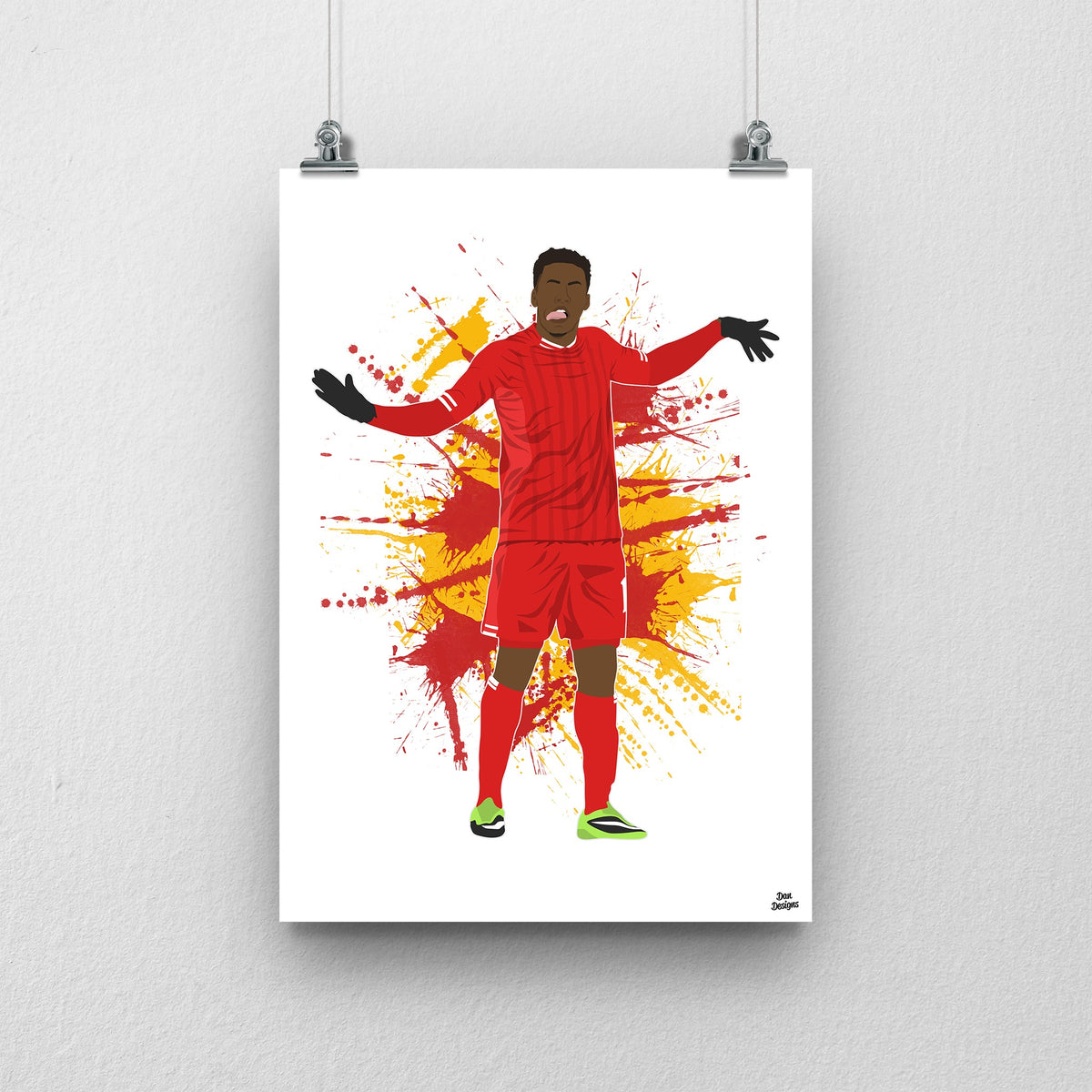 Daniel Sturridge Liverpool print showing his signature dance celebration on a red and yellow paint-splatter background.