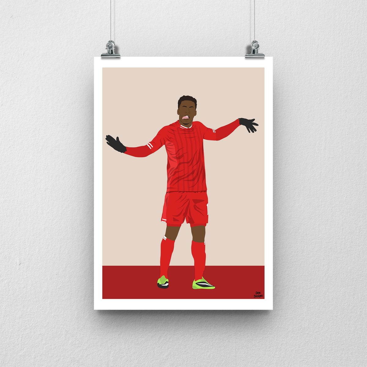 Daniel Sturridge Liverpool print showing his signature dance celebration on a beige background with a white border.