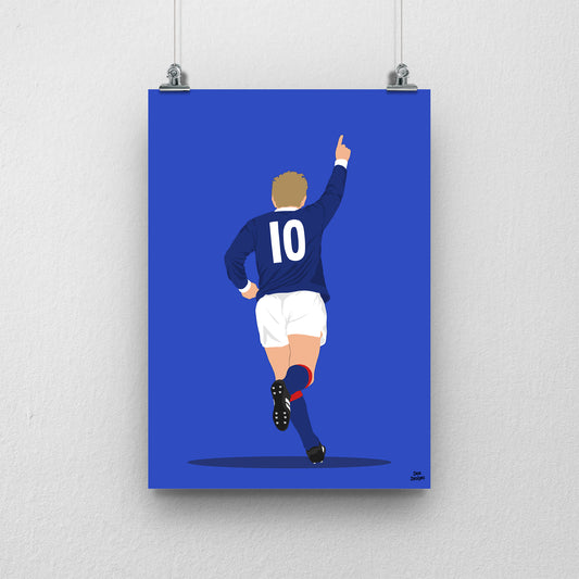 Denis Law running with one arm raised in Scotland’s navy number 10 shirt, illustrated with a blue background.