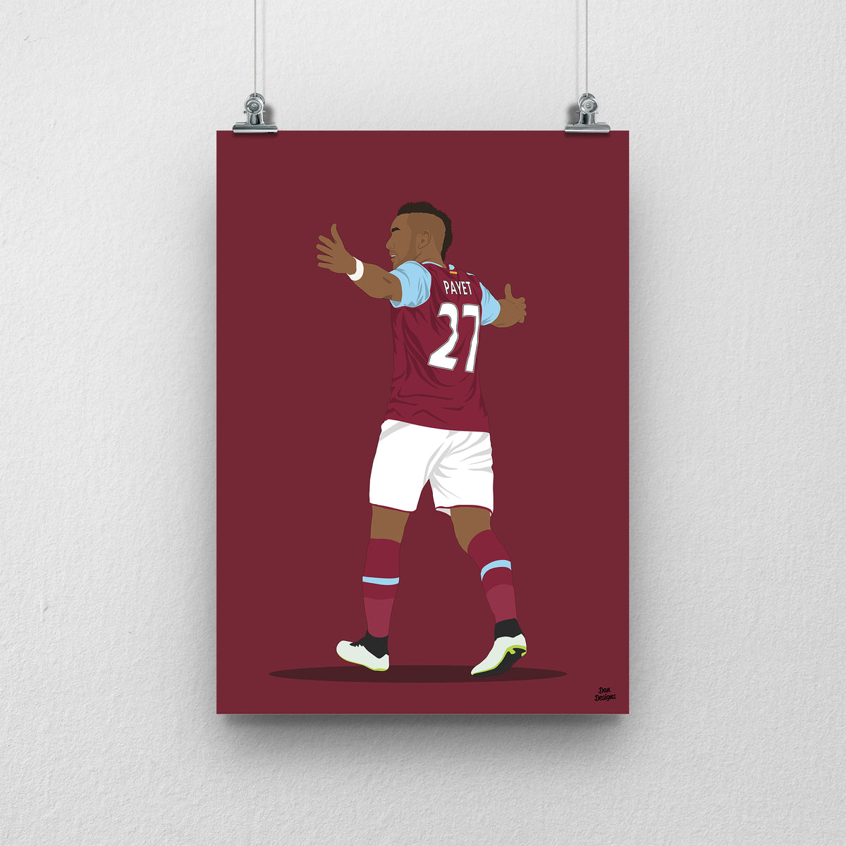 Dimitri Payet West Ham United art print, with both arms spread, viewed from behind in his claret-and-blue number 27 shirt, with a claret background.