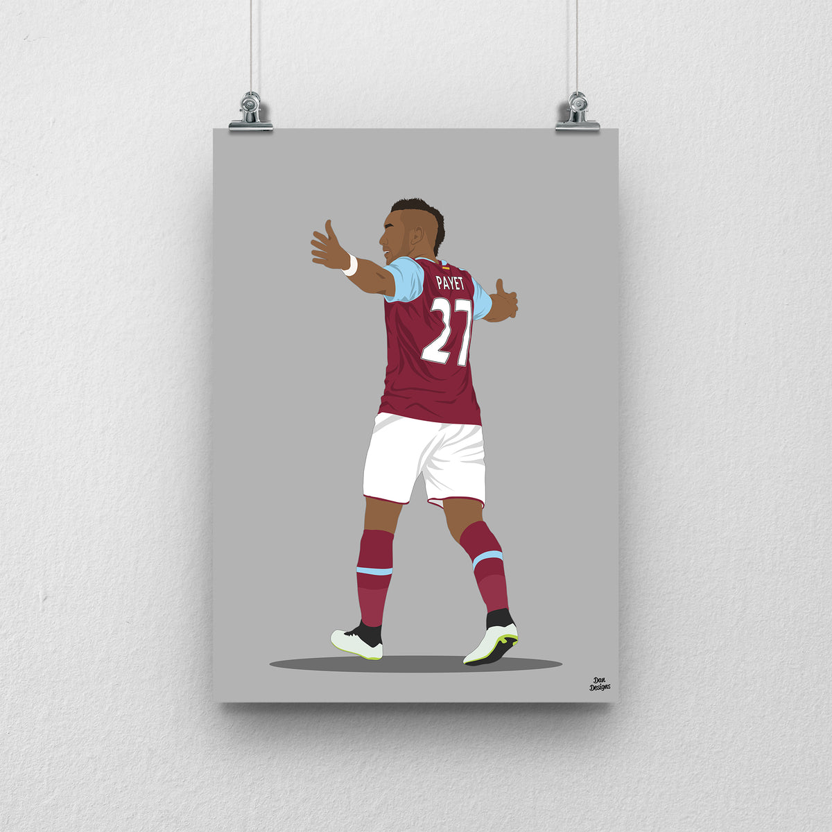 Dimitri Payet West Ham United art print, with both arms spread, viewed from behind in his claret-and-blue number 27 shirt, with a grey background.