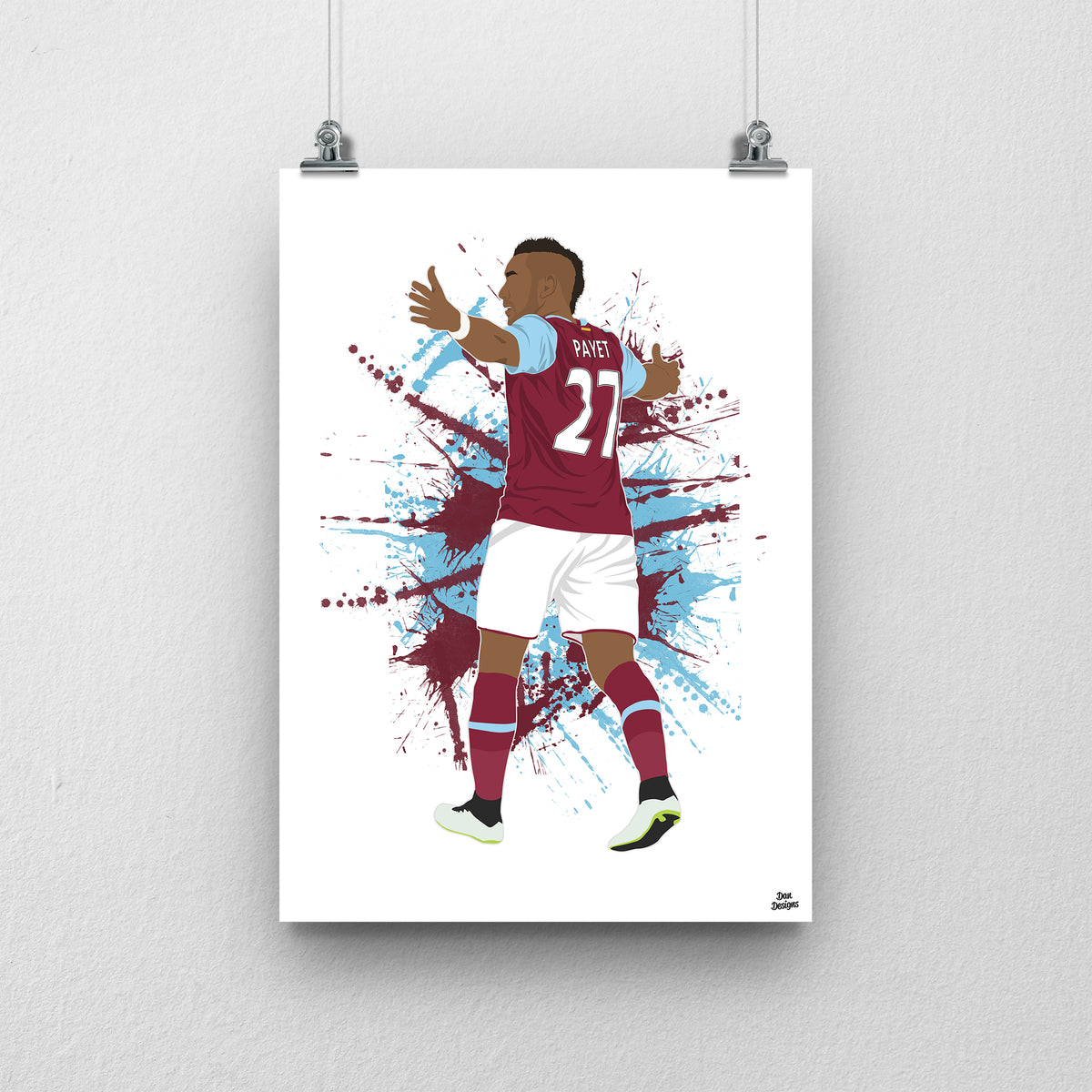 Dimitri Payet West Ham United art print, with both arms spread, viewed from behind in his claret-and-blue number 27 shirt, with a paint-splatter background.