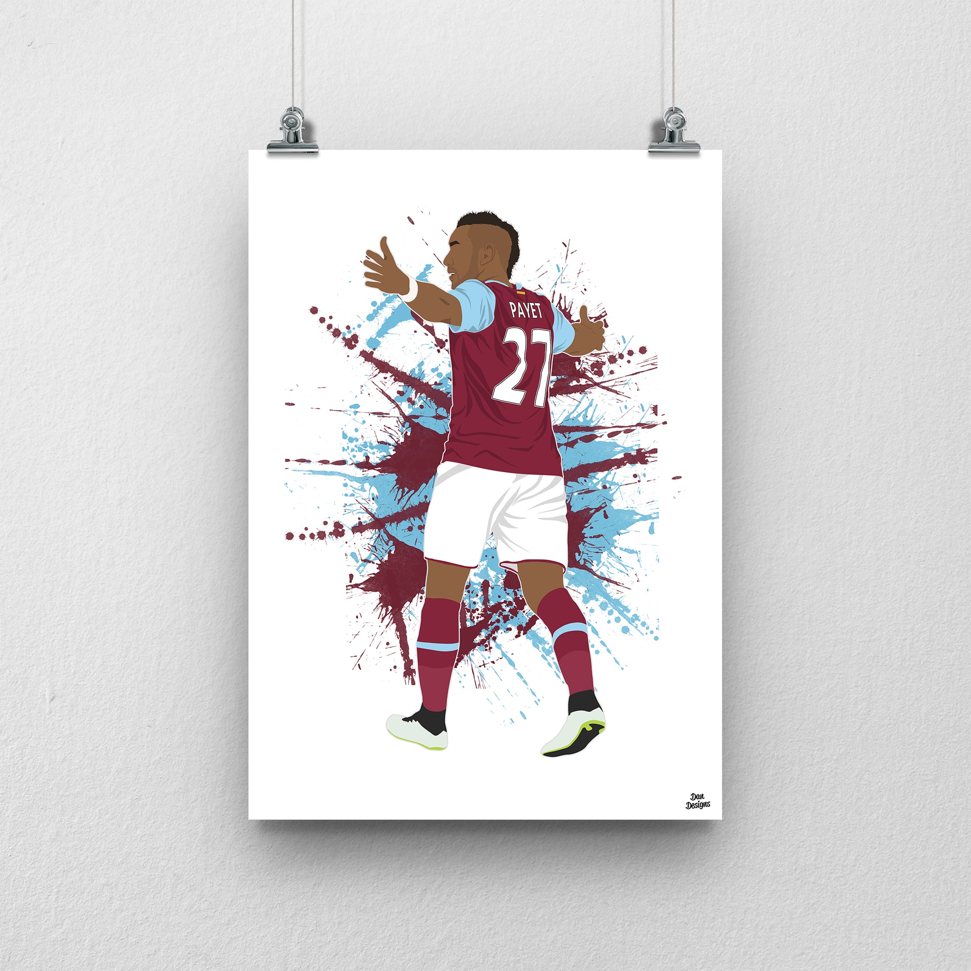Dimitri Payet West Ham United art print, with both arms spread, viewed from behind in his claret-and-blue number 27 shirt, with a paint-splatter background.